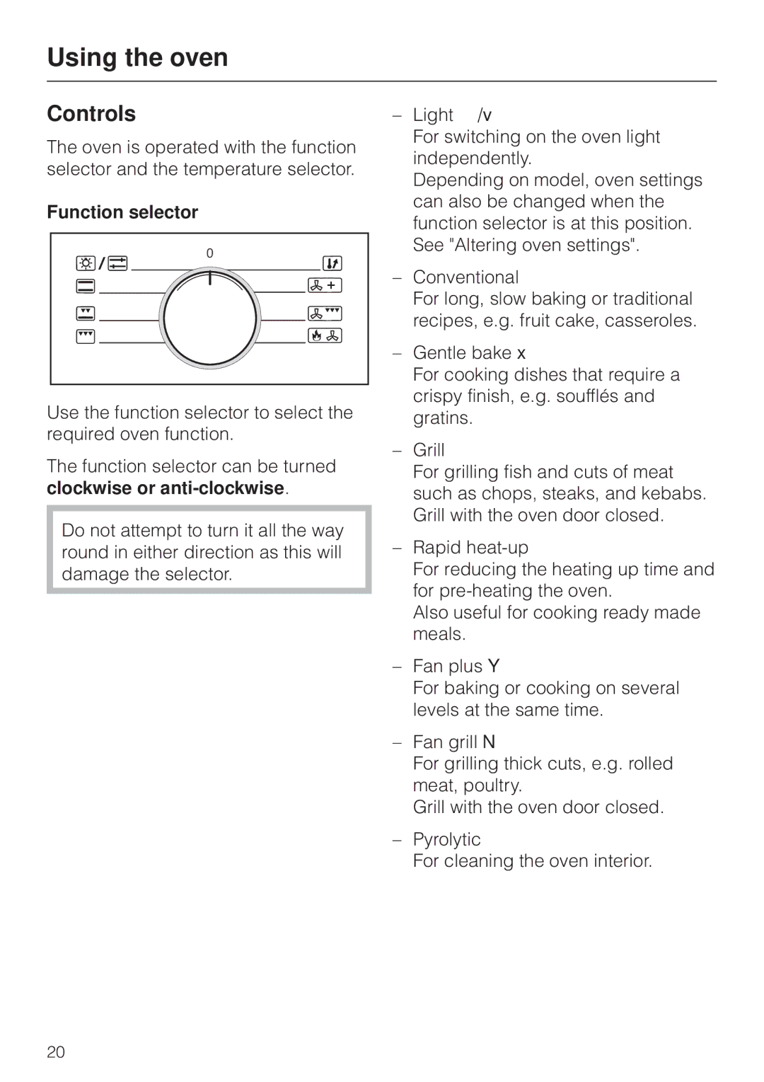 Miele H4270, H 4170 operating instructions Using the oven, Controls, Function selector 