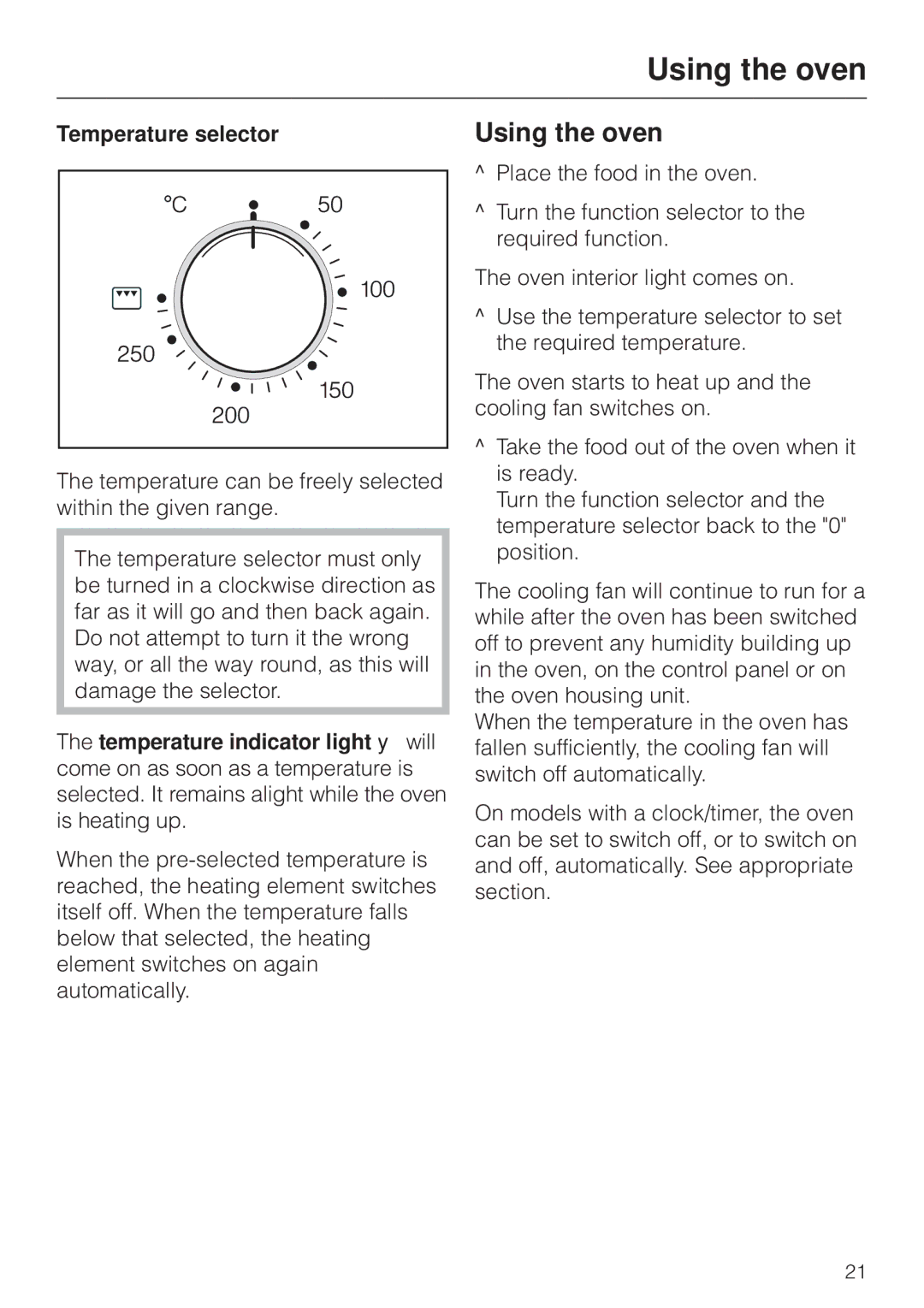 Miele H 4170, H4270 operating instructions Using the oven, Temperature selector 