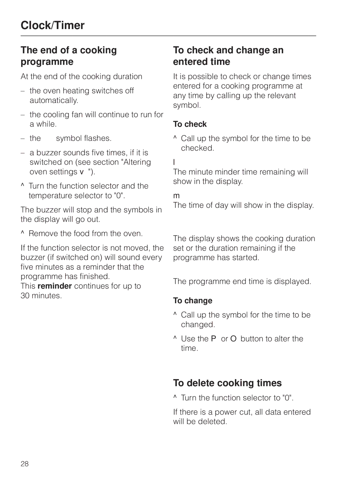 Miele H4270, H 4170 End of a cooking programme, To check and change an entered time, To delete cooking times, To change 