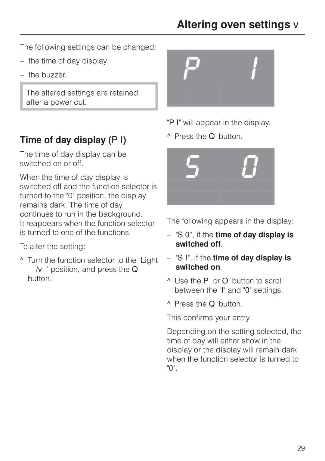 Miele H 4170, H4270 operating instructions Altering oven settings, Time of day display P 