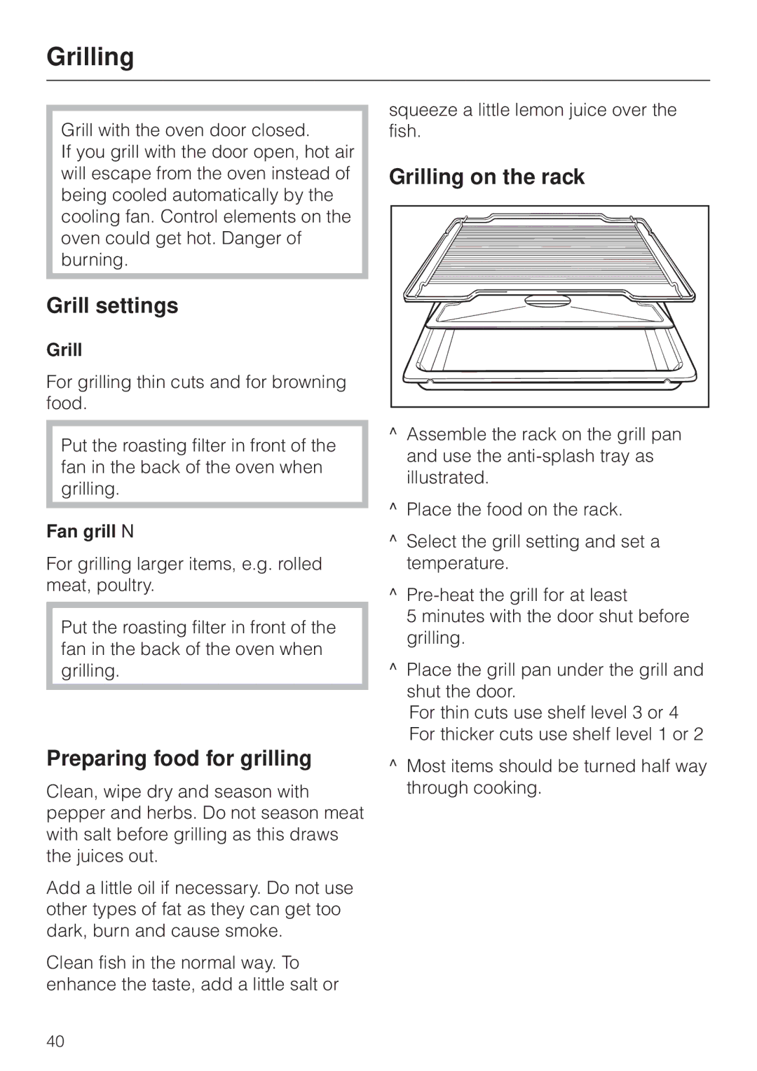 Miele H4270, H 4170 operating instructions Grill settings, Preparing food for grilling, Grilling on the rack 