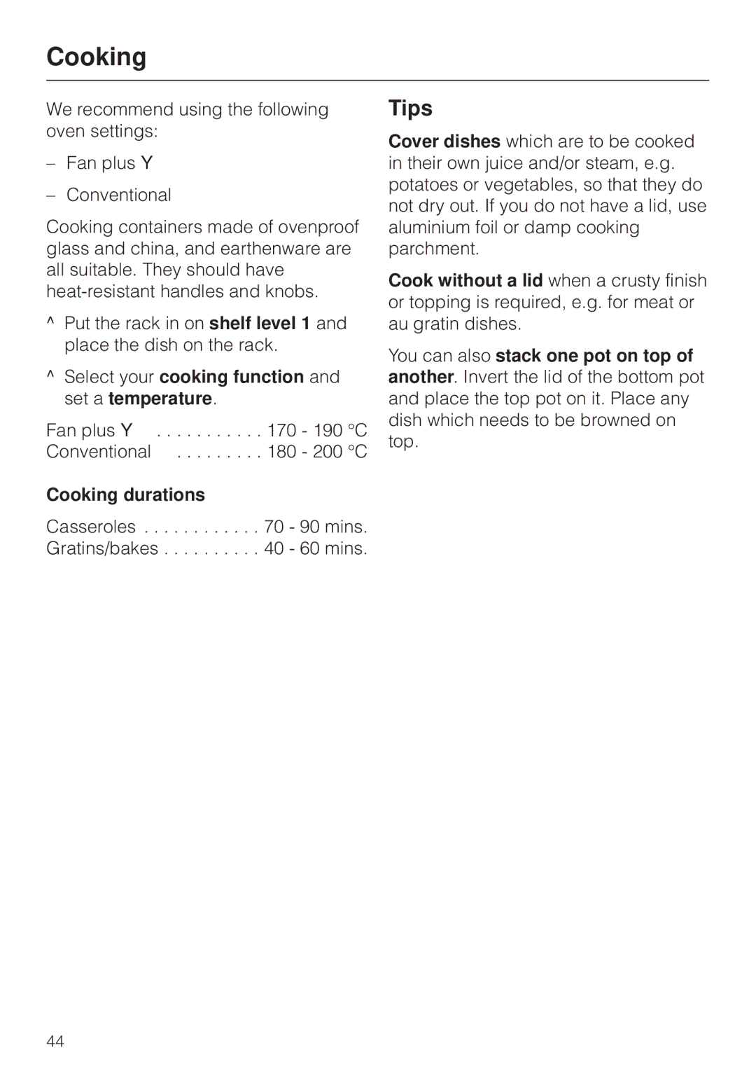 Miele H4270, H 4170 operating instructions Tips, Select your cooking function and set a temperature, Cooking durations 