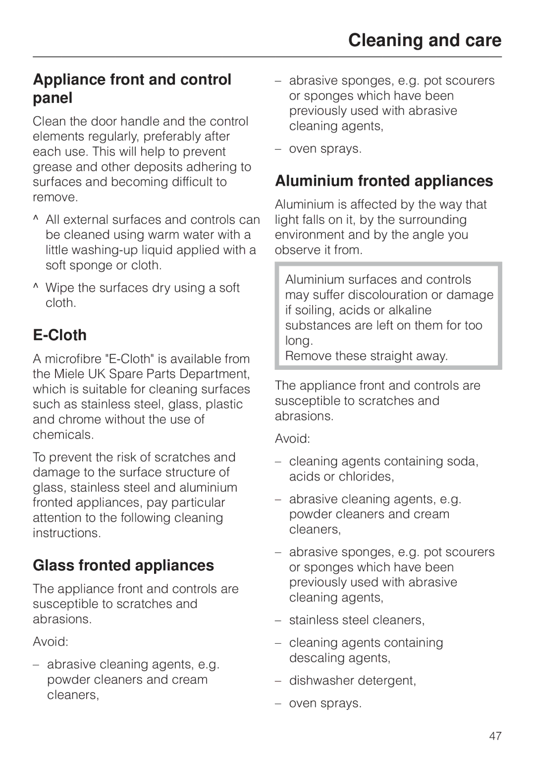 Miele H 4170, H4270 Cleaning and care, Appliance front and control panel, Cloth, Glass fronted appliances 