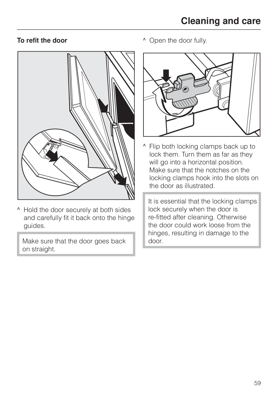 Miele H 4170, H4270 operating instructions To refit the door, Open the door fully 