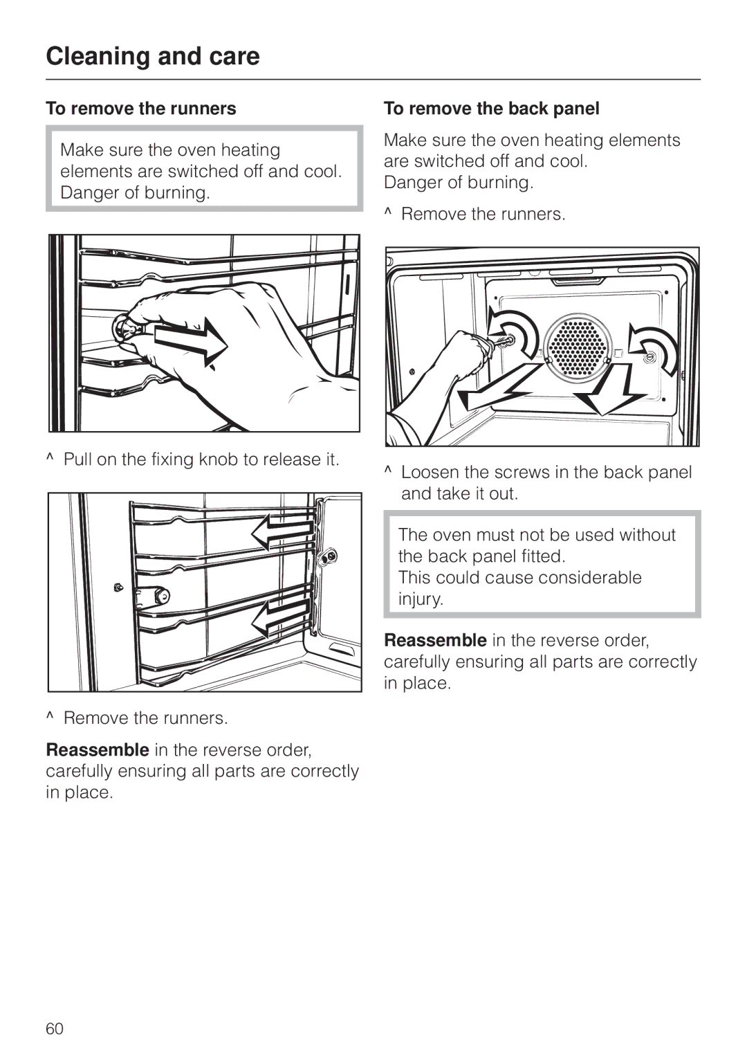 Miele H4270 To remove the runners, Pull on the fixing knob to release it, Remove the runners, To remove the back panel 