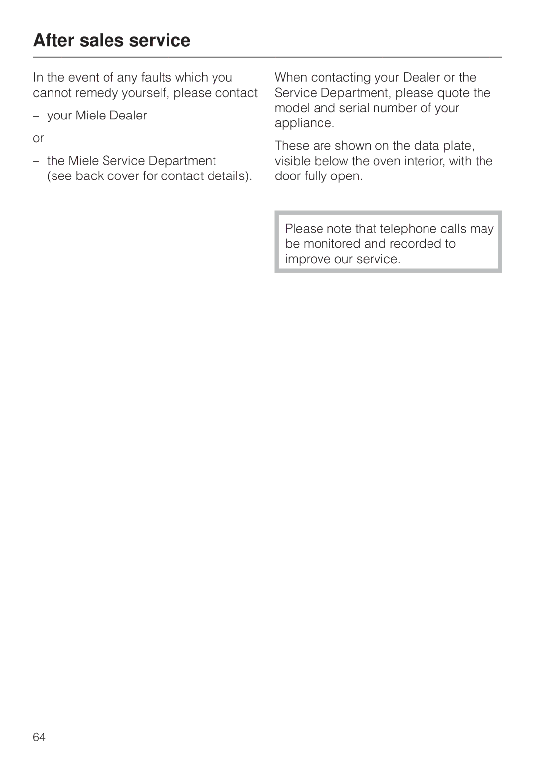 Miele H4270, H 4170 operating instructions After sales service 