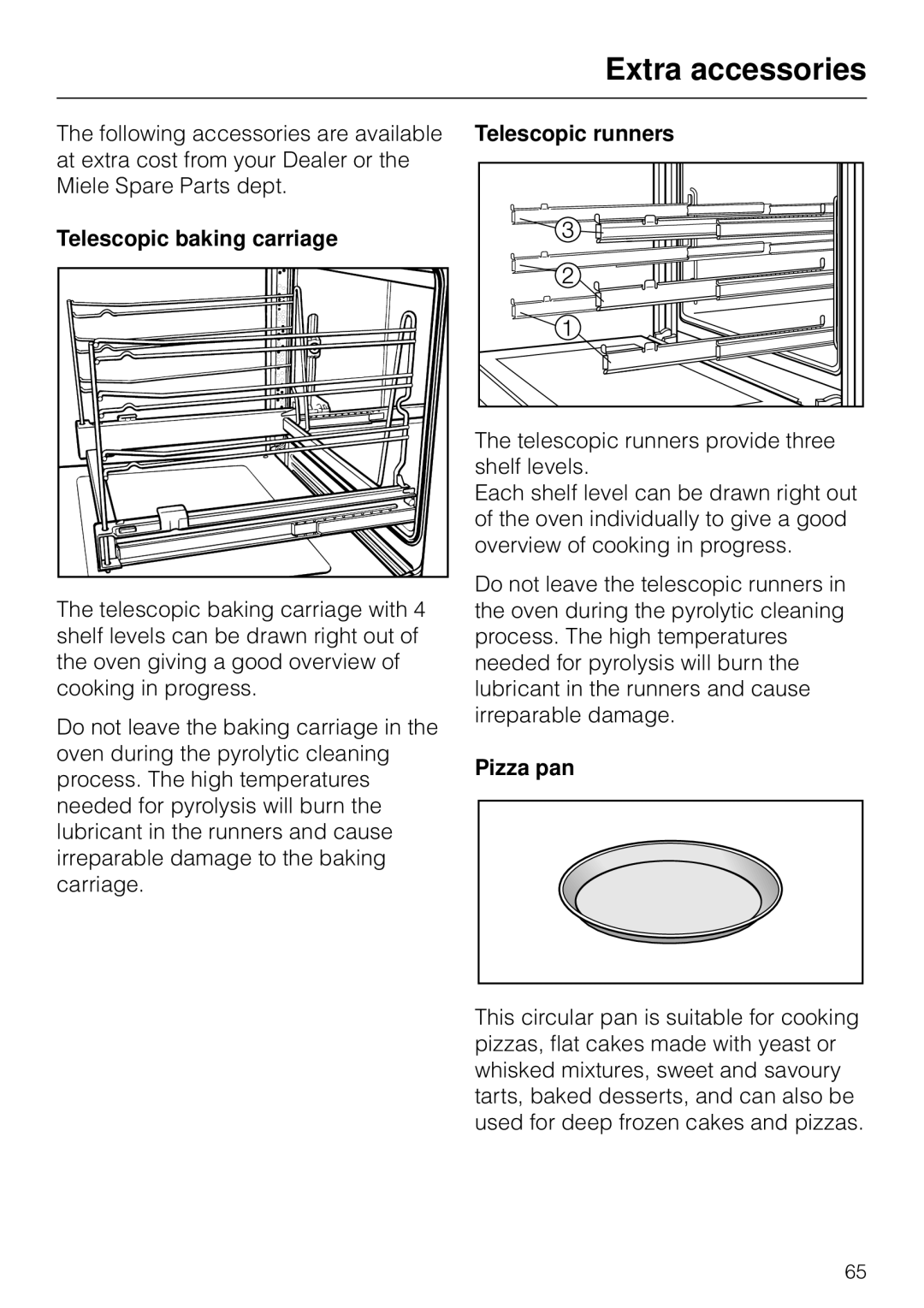 Miele H 4170, H4270 operating instructions Extra accessories, Telescopic baking carriage, Telescopic runners, Pizza pan 