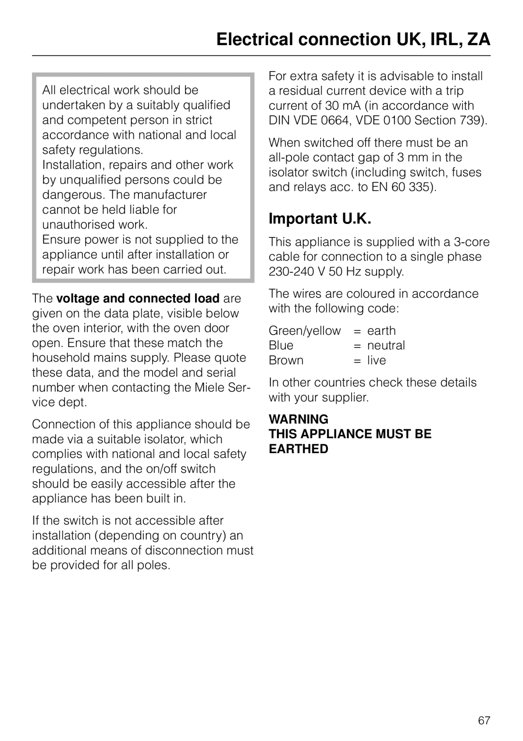 Miele H 4170, H4270 operating instructions Electrical connection UK, IRL, ZA, Important U.K 