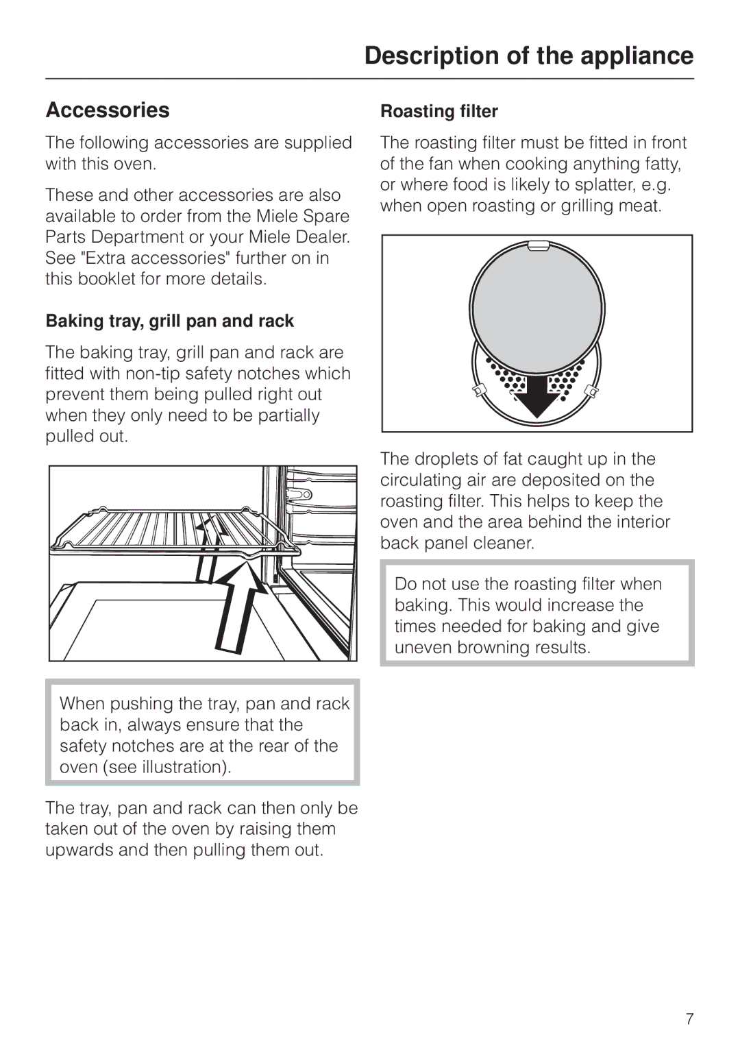 Miele H 4170, H4270 operating instructions Accessories, Baking tray, grill pan and rack, Roasting filter 