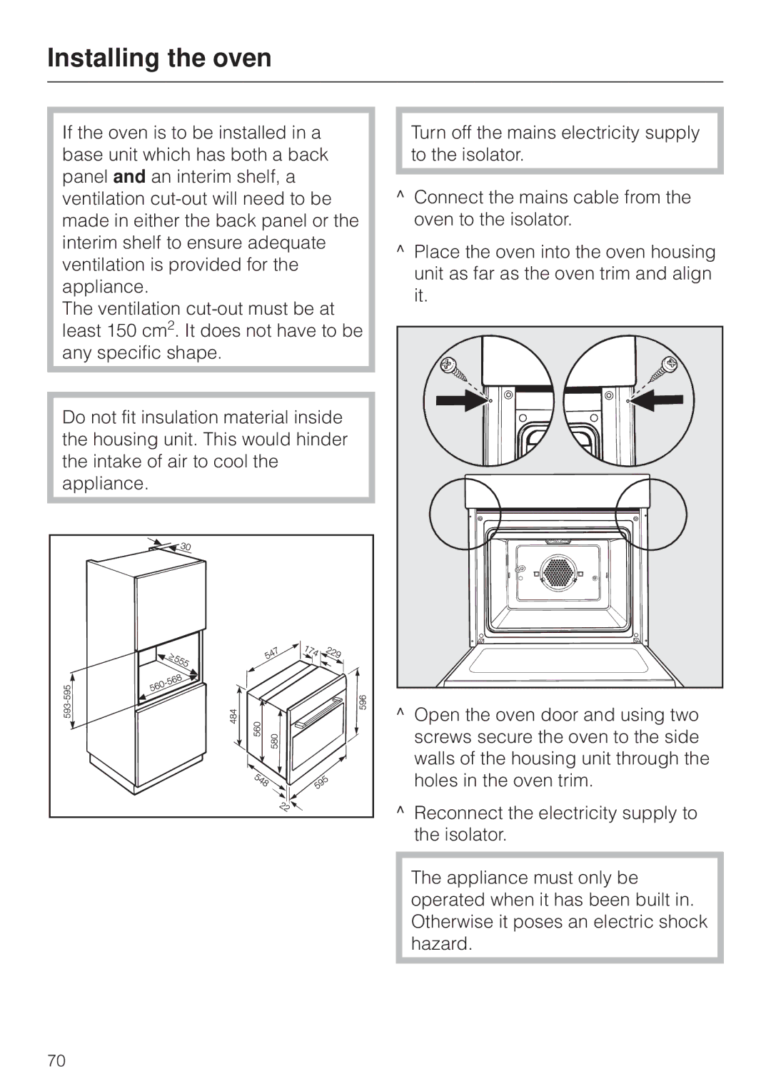 Miele H4270, H 4170 operating instructions Installing the oven 