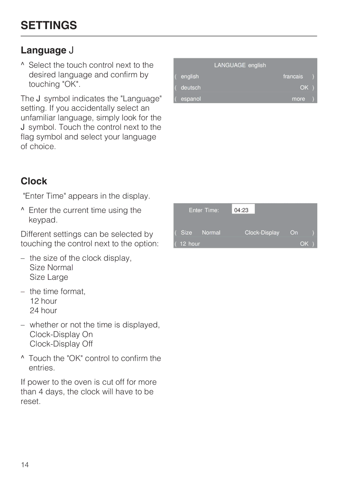 Miele H4680B installation instructions Language J, Clock 