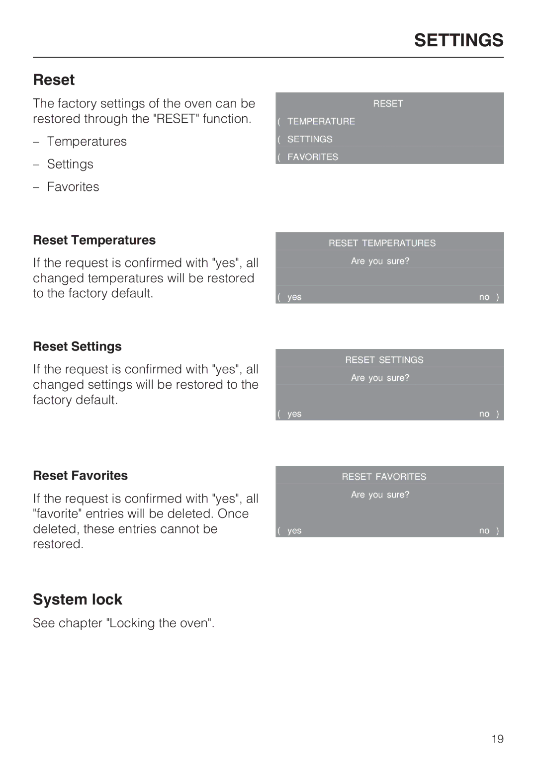 Miele H4680B installation instructions Reset Temperatures, Reset Settings, Reset Favorites 