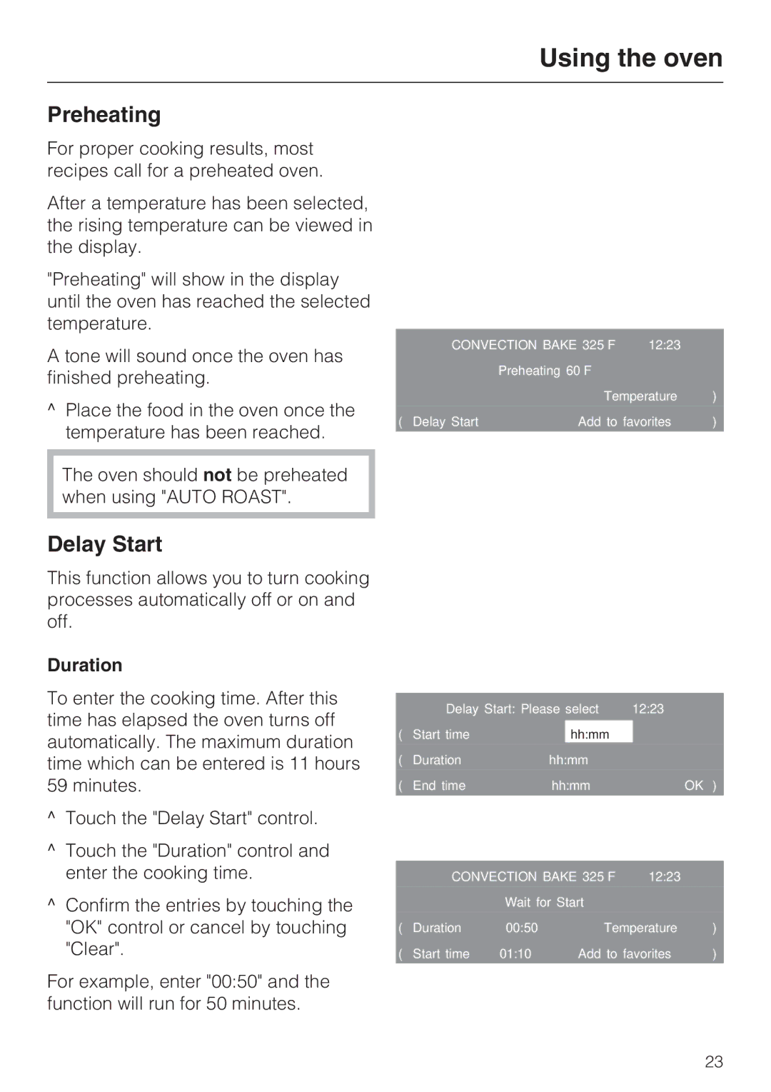 Miele H4680B installation instructions Preheating, Delay Start, Duration 