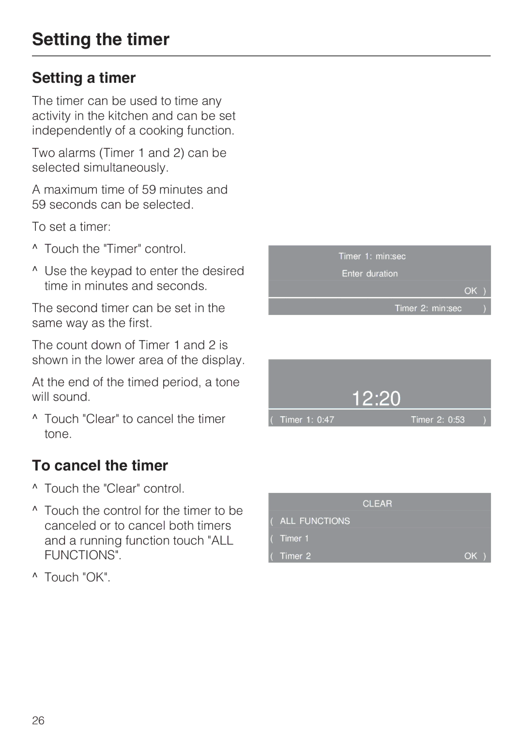 Miele H4680B installation instructions Setting the timer, Setting a timer, To cancel the timer 