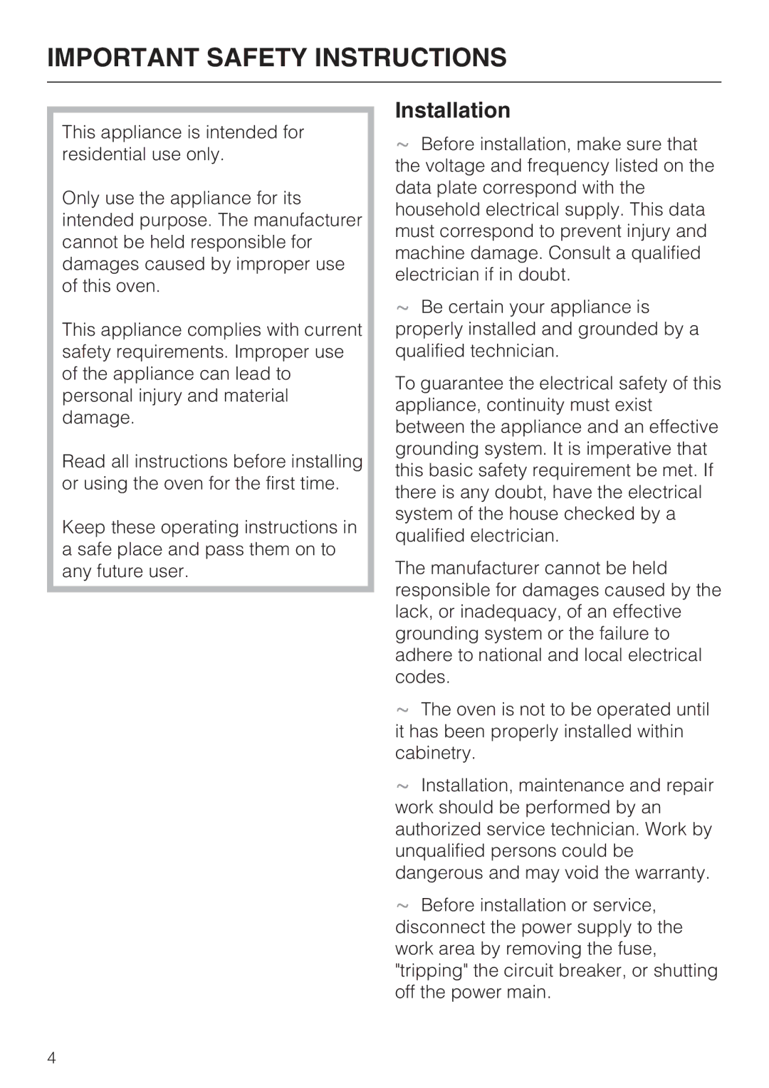 Miele H4680B installation instructions Important Safety Instructions, Installation 