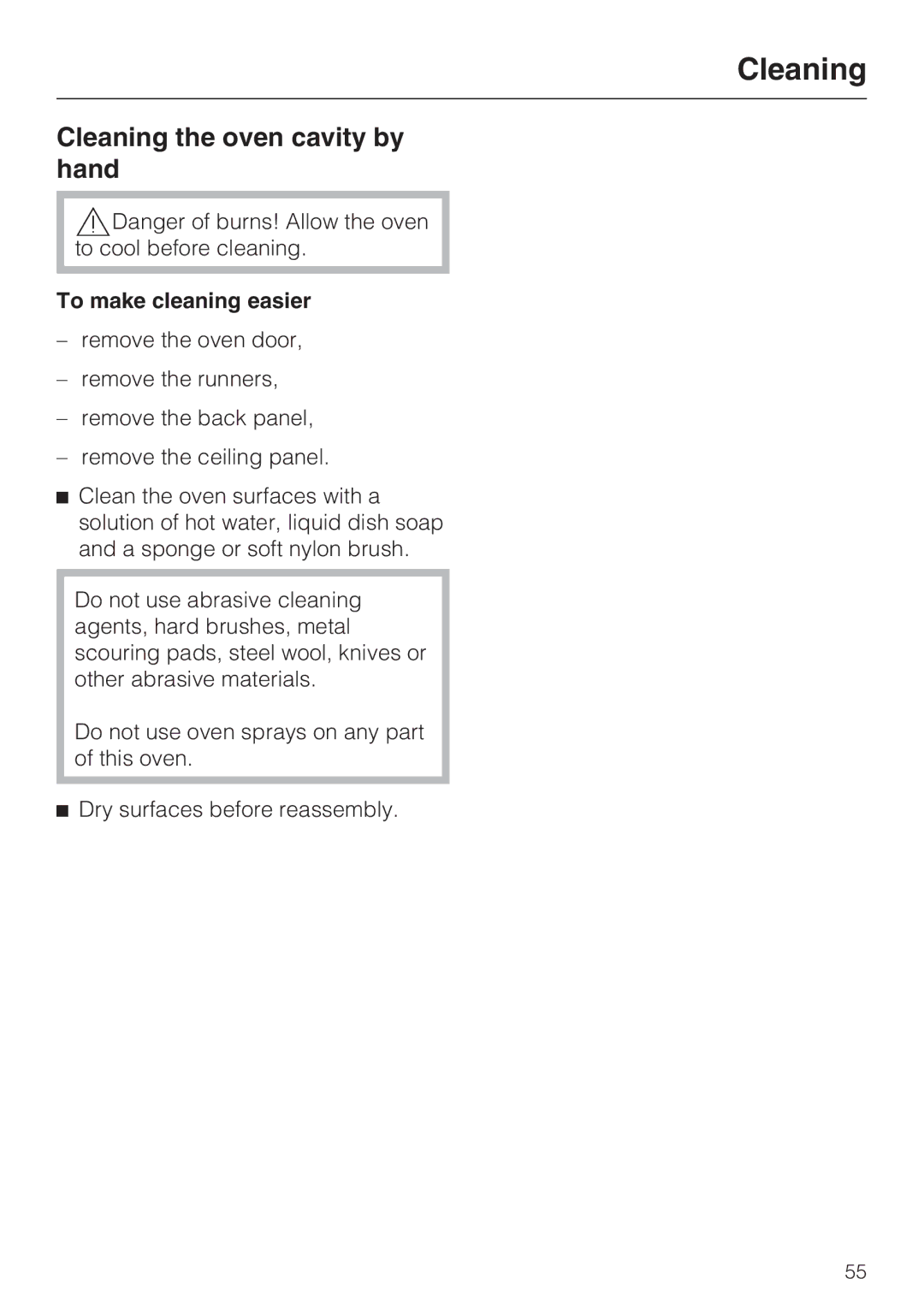 Miele H4680B installation instructions Cleaning the oven cavity by hand, To make cleaning easier 