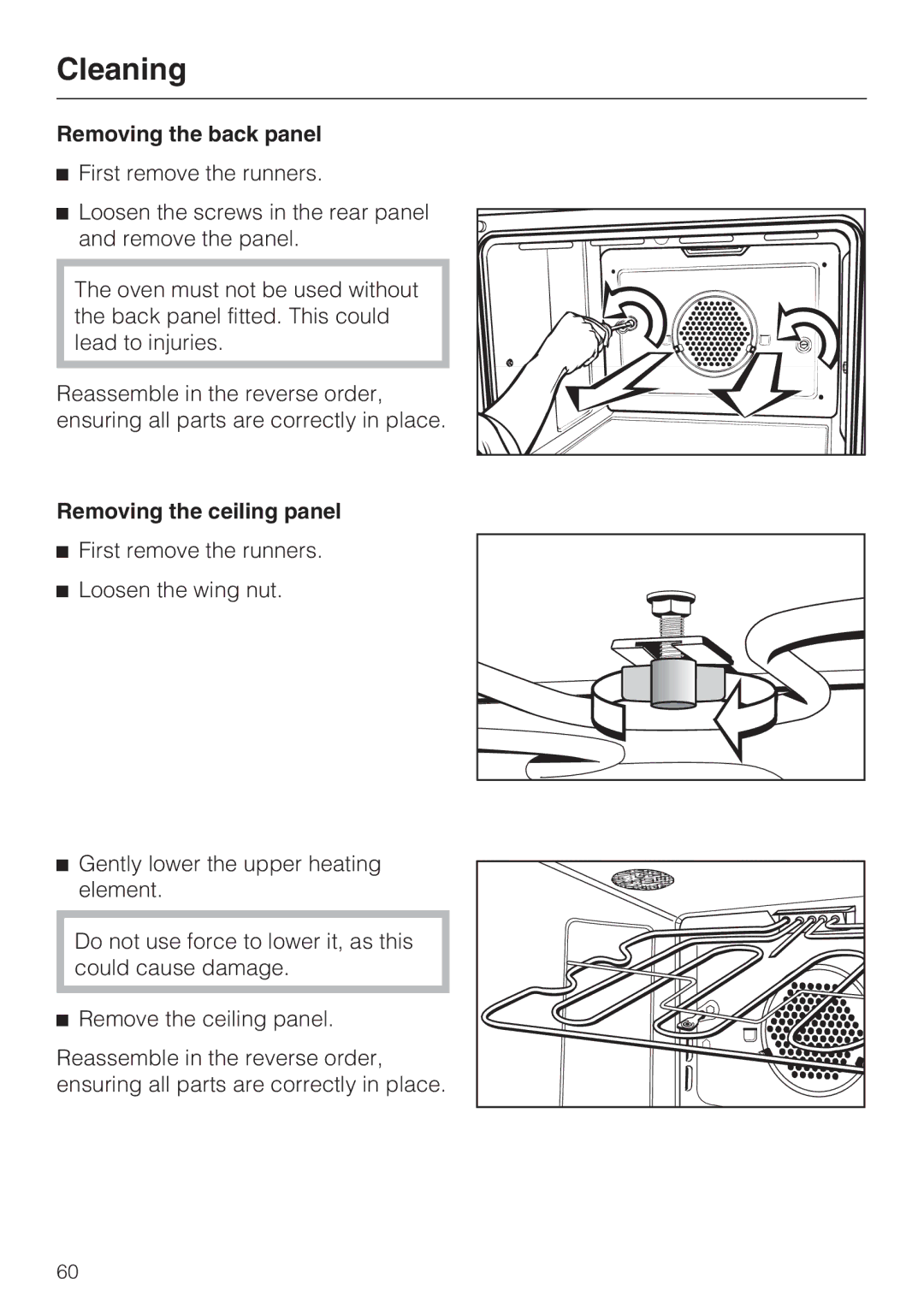 Miele H4680B installation instructions Removing the back panel, Removing the ceiling panel 