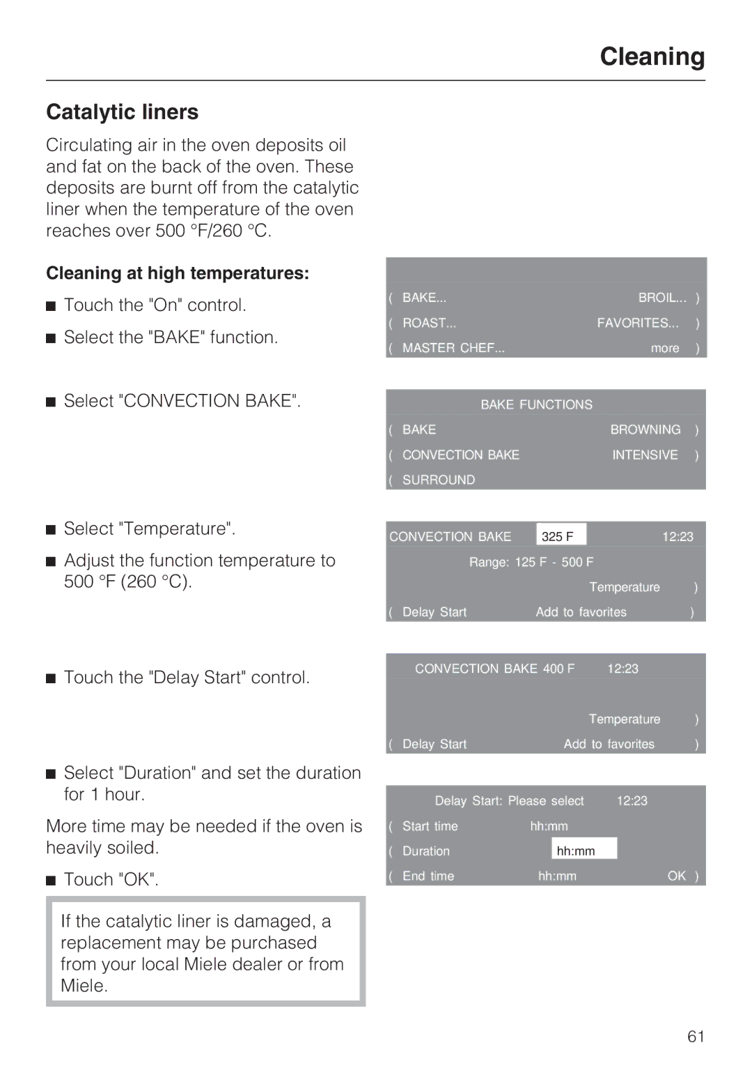 Miele H4680B installation instructions Catalytic liners, Cleaning at high temperatures 