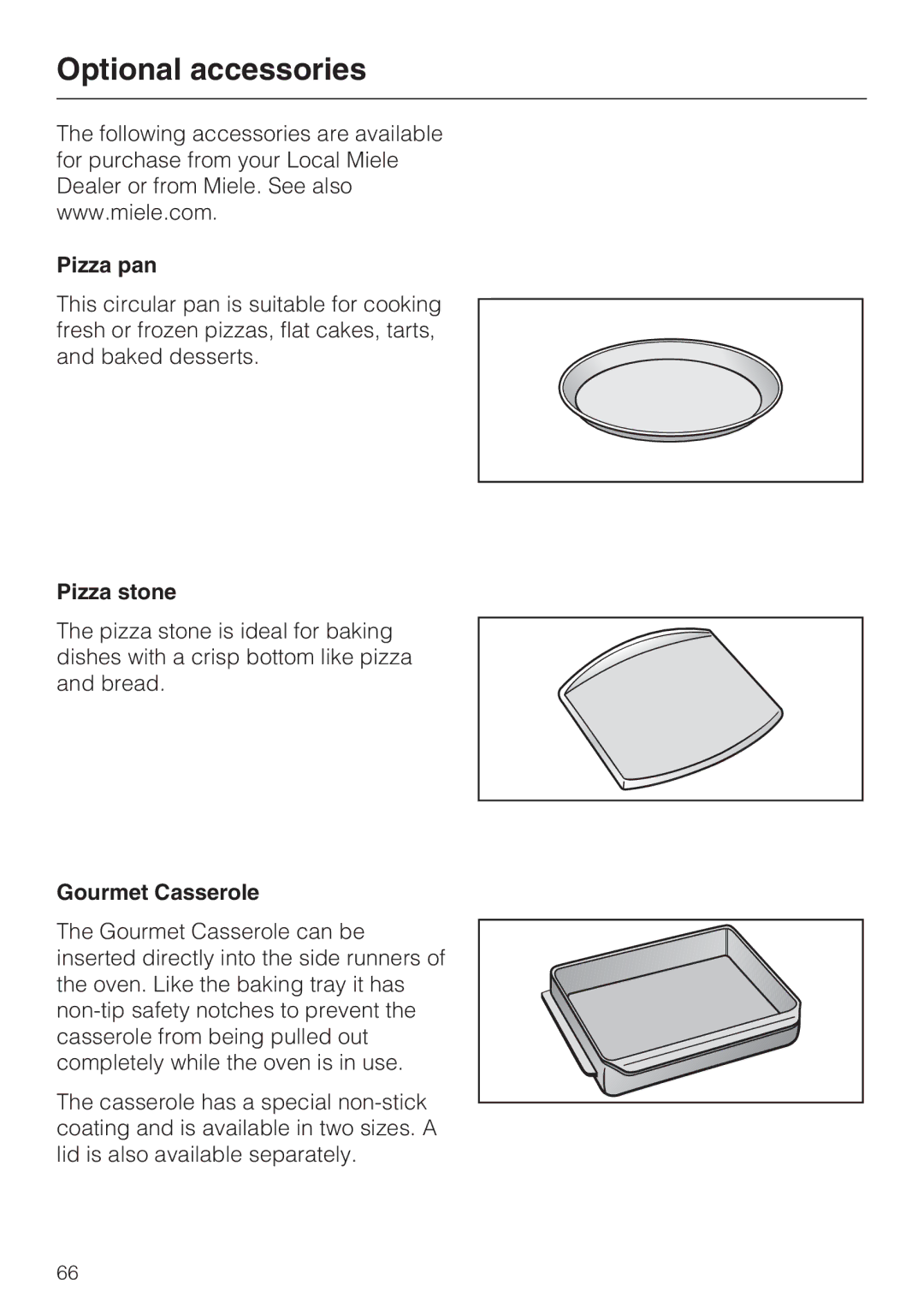 Miele H4680B installation instructions Optional accessories, Pizza pan, Pizza stone, Gourmet Casserole 