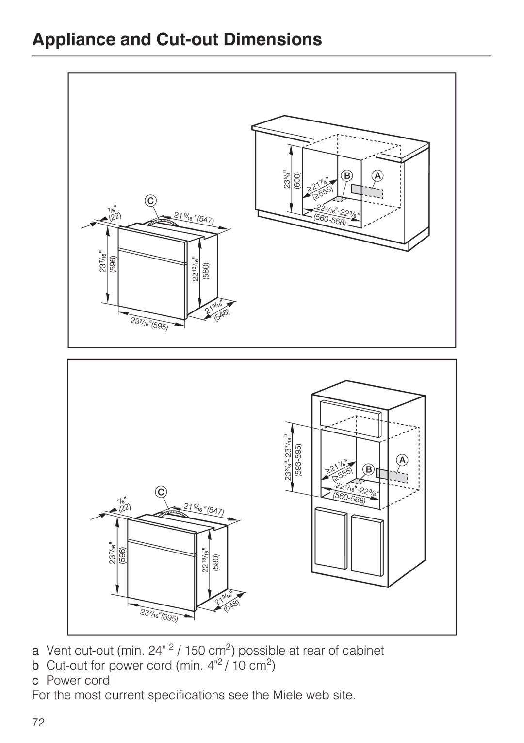 Miele H4680B installation instructions Appliance and Cut-out Dimensions 