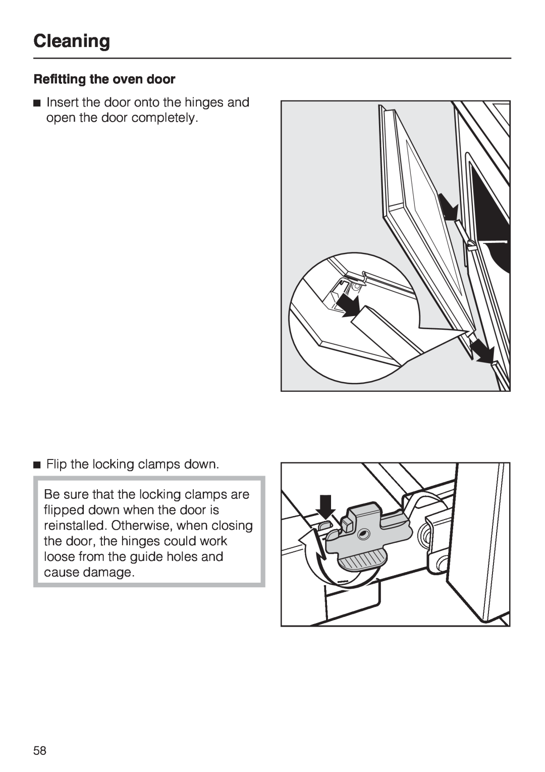 Miele H4680B installation instructions Cleaning, Refitting the oven door 