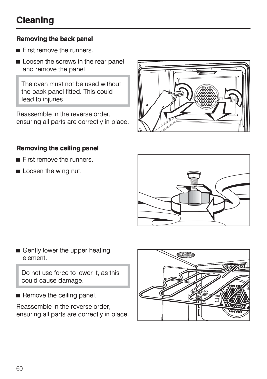 Miele H4680B installation instructions Cleaning, Removing the back panel, Removing the ceiling panel 