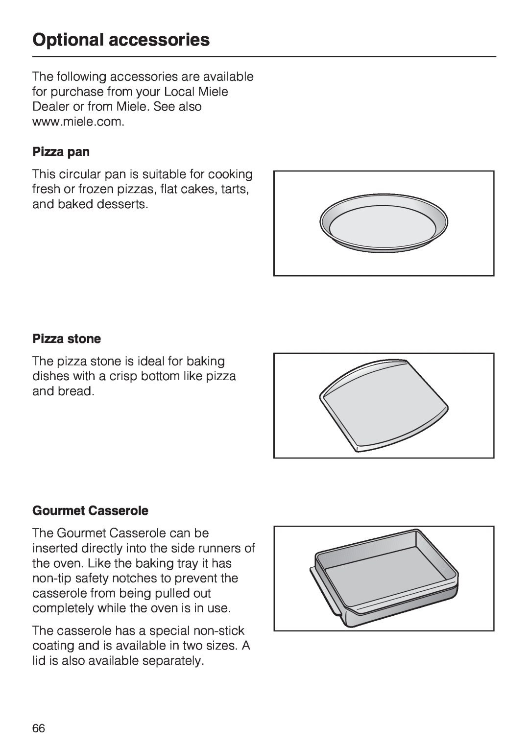 Miele H4680B installation instructions Optional accessories, Pizza pan, Pizza stone, Gourmet Casserole 