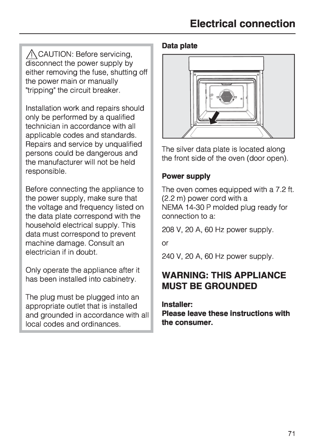 Miele H4680B installation instructions Electrical connection, Warning This Appliance Must Be Grounded 