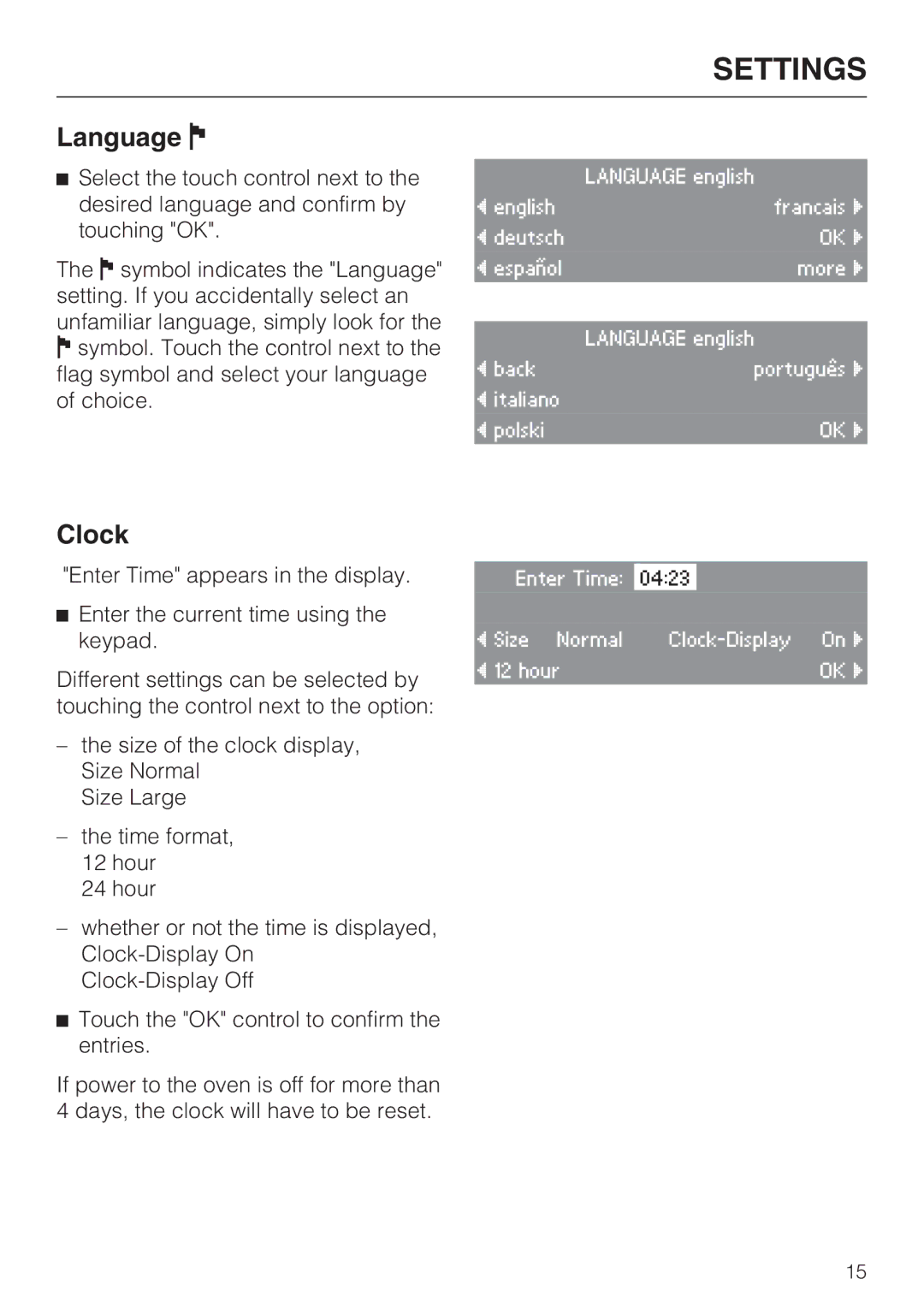 Miele H 4688 B, H4682B installation instructions Language, Clock 