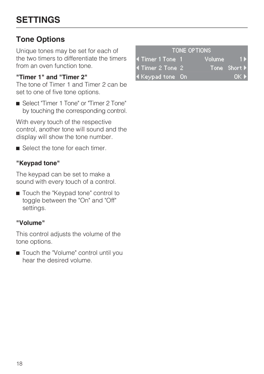 Miele H4682B, H 4688 B installation instructions Tone Options, Timer 1 and Timer, Keypad tone, Volume 