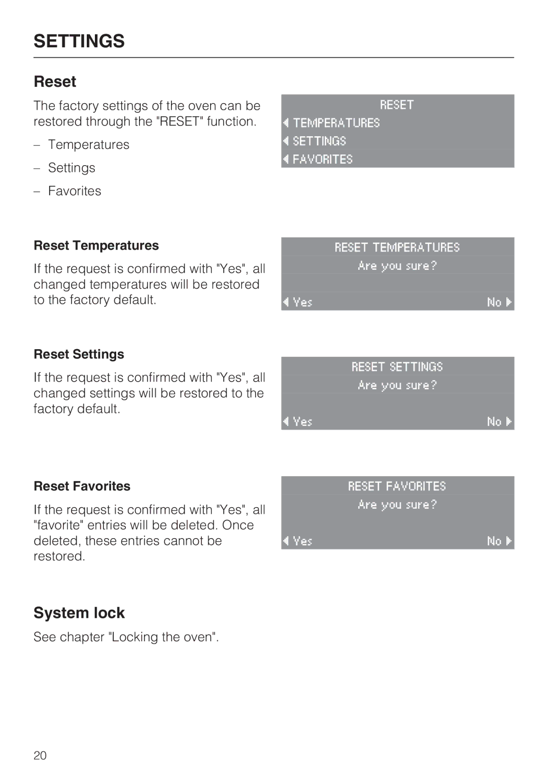 Miele H4682B, H 4688 B installation instructions Reset Temperatures, Reset Settings, Reset Favorites 