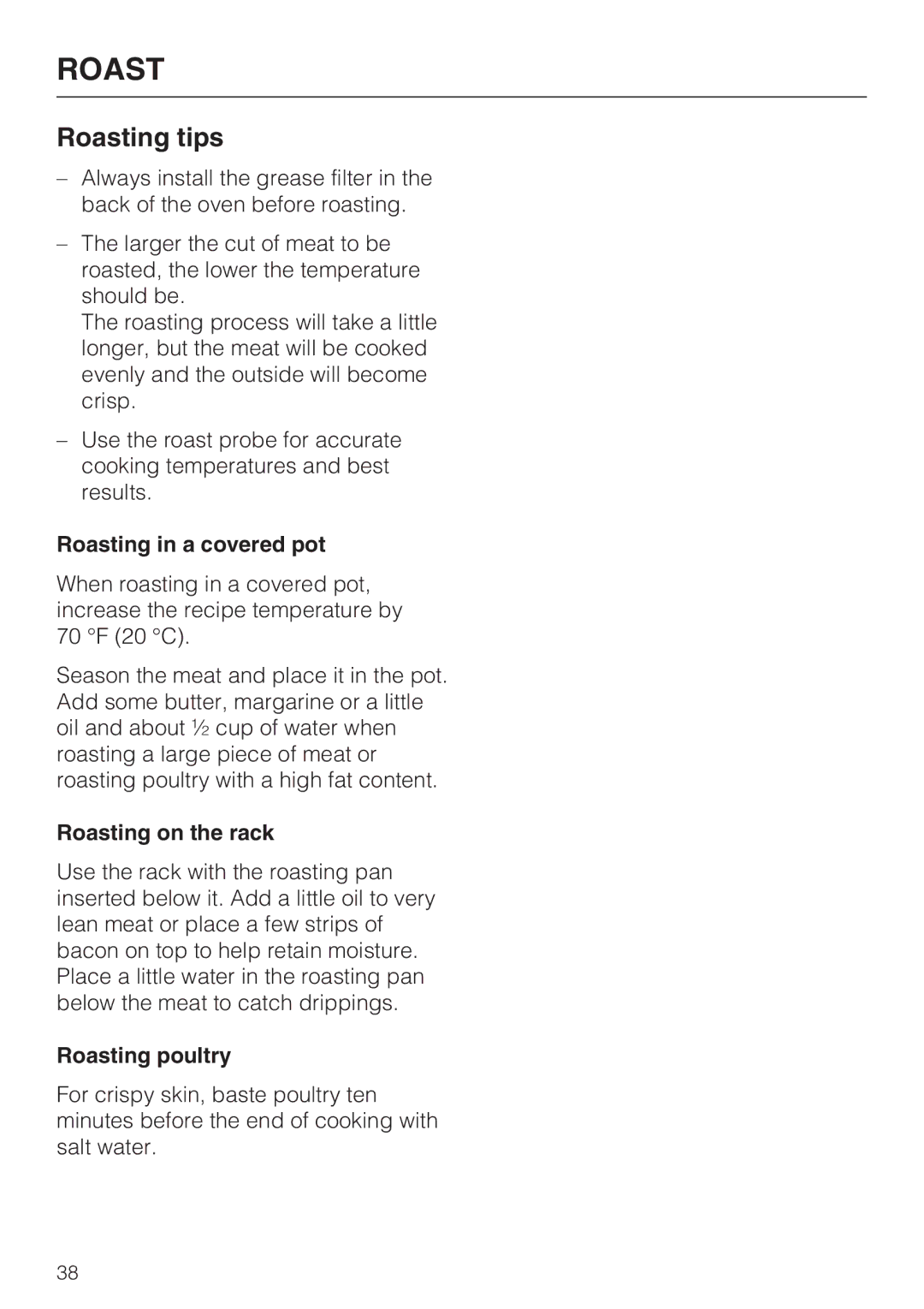 Miele H4682B, H 4688 B Roasting tips, Roasting in a covered pot, Roasting on the rack, Roasting poultry 