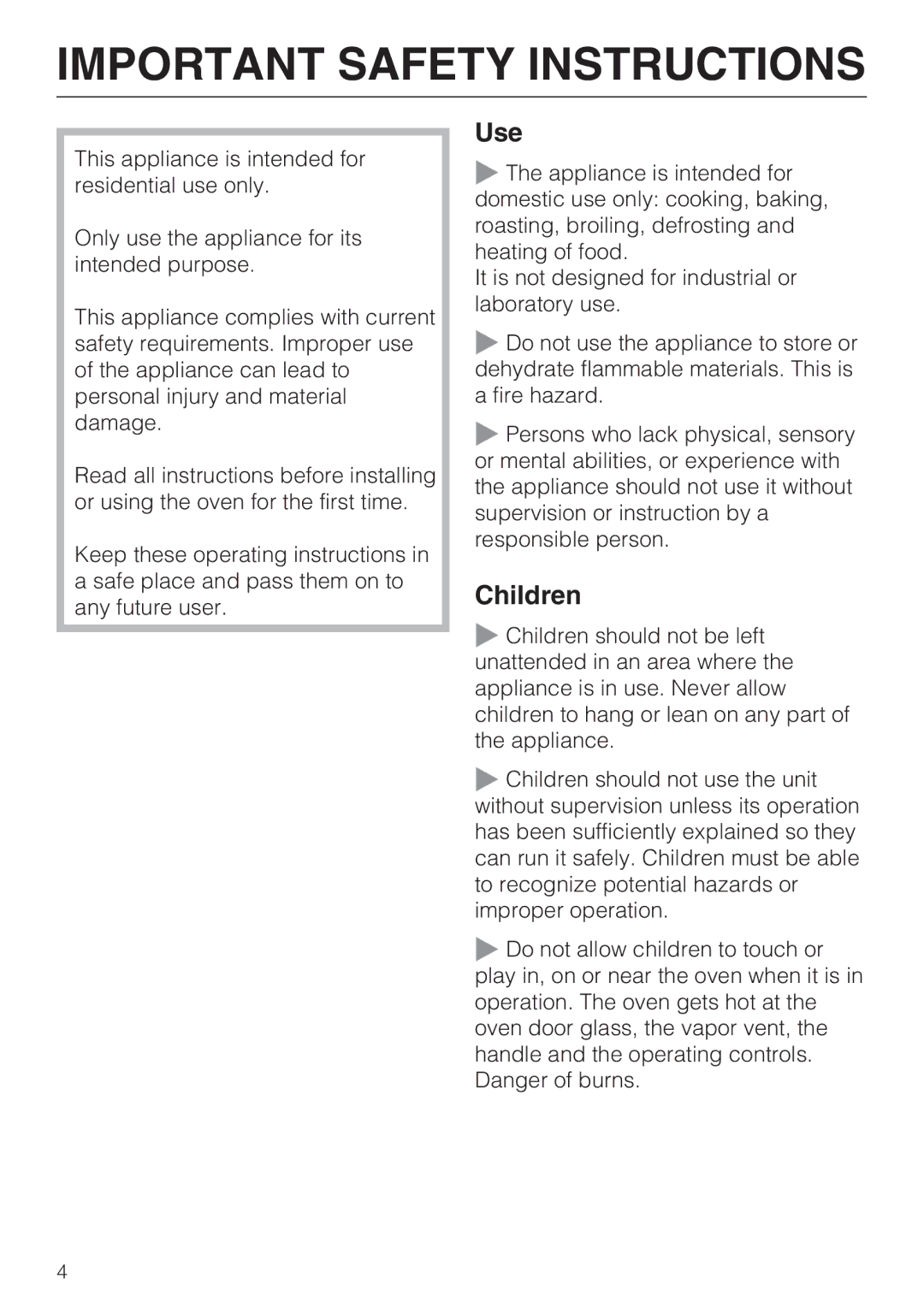 Miele H4682B, H 4688 B installation instructions Use, Children 