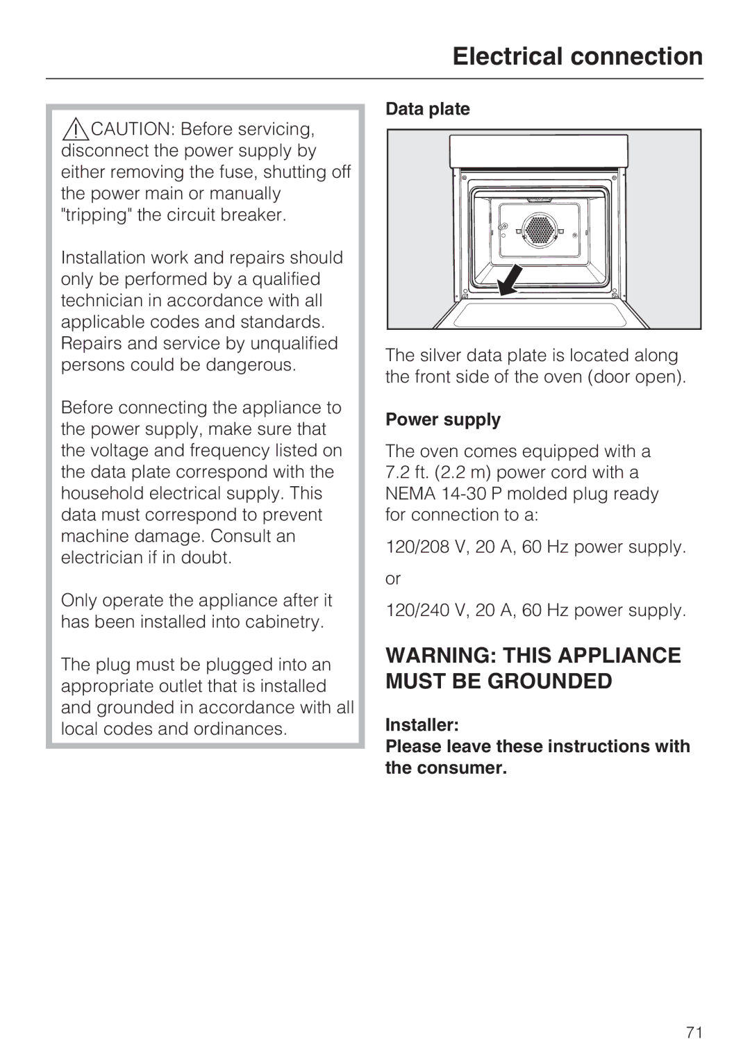 Miele H 4688 B, H4682B installation instructions Electrical connection, Data plate, Power supply 