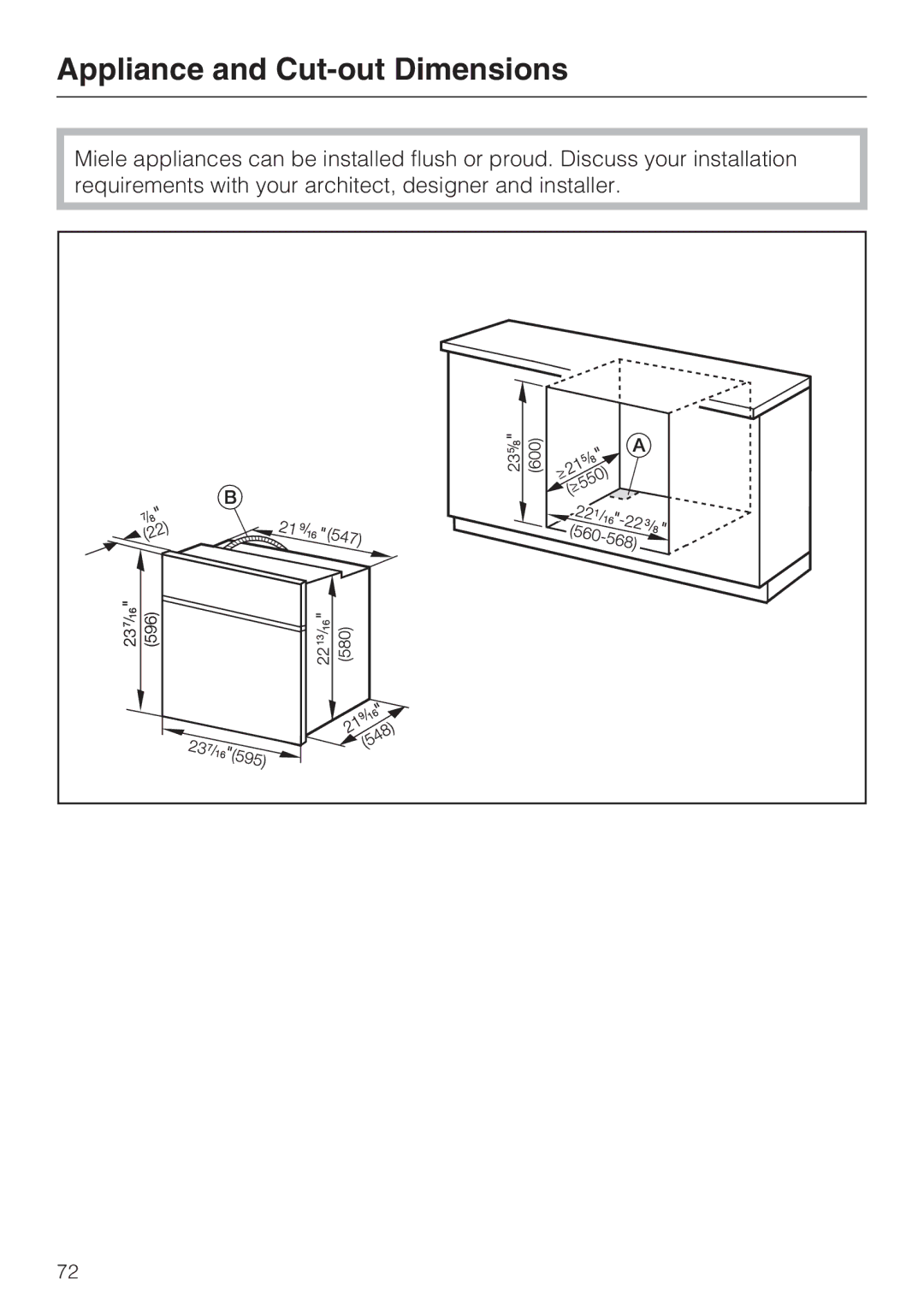 Miele H4682B, H 4688 B installation instructions Appliance and Cut-out Dimensions 