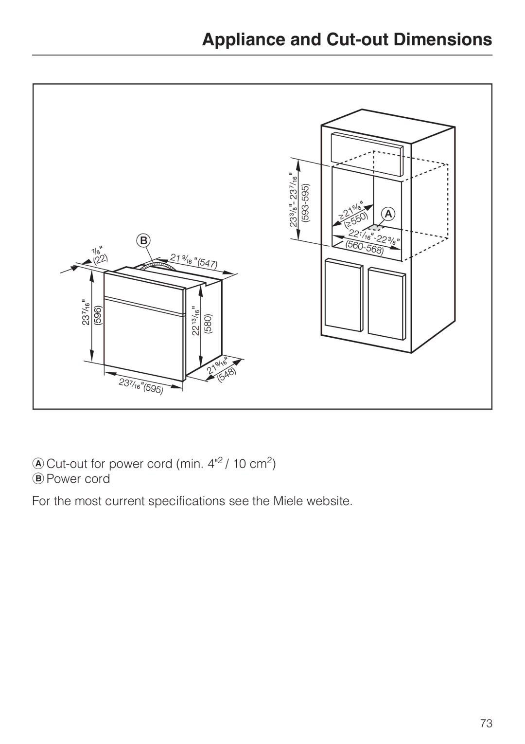 Miele H 4688 B, H4682B installation instructions Appliance and Cut-out Dimensions 