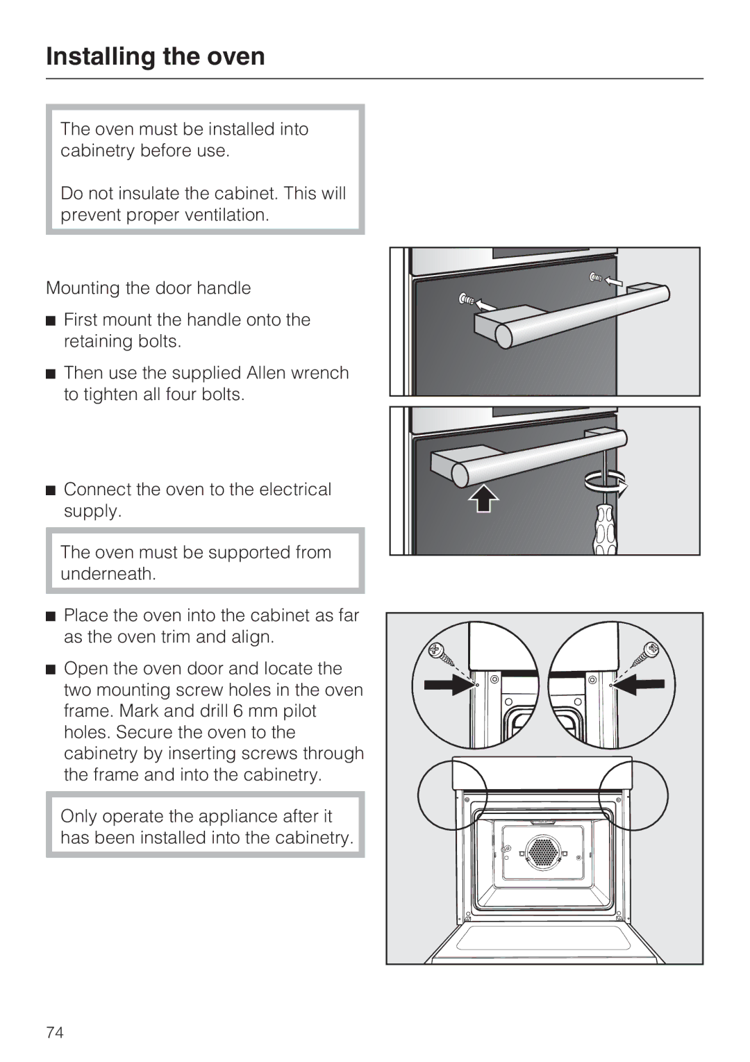 Miele H4682B, H 4688 B installation instructions Installing the oven 