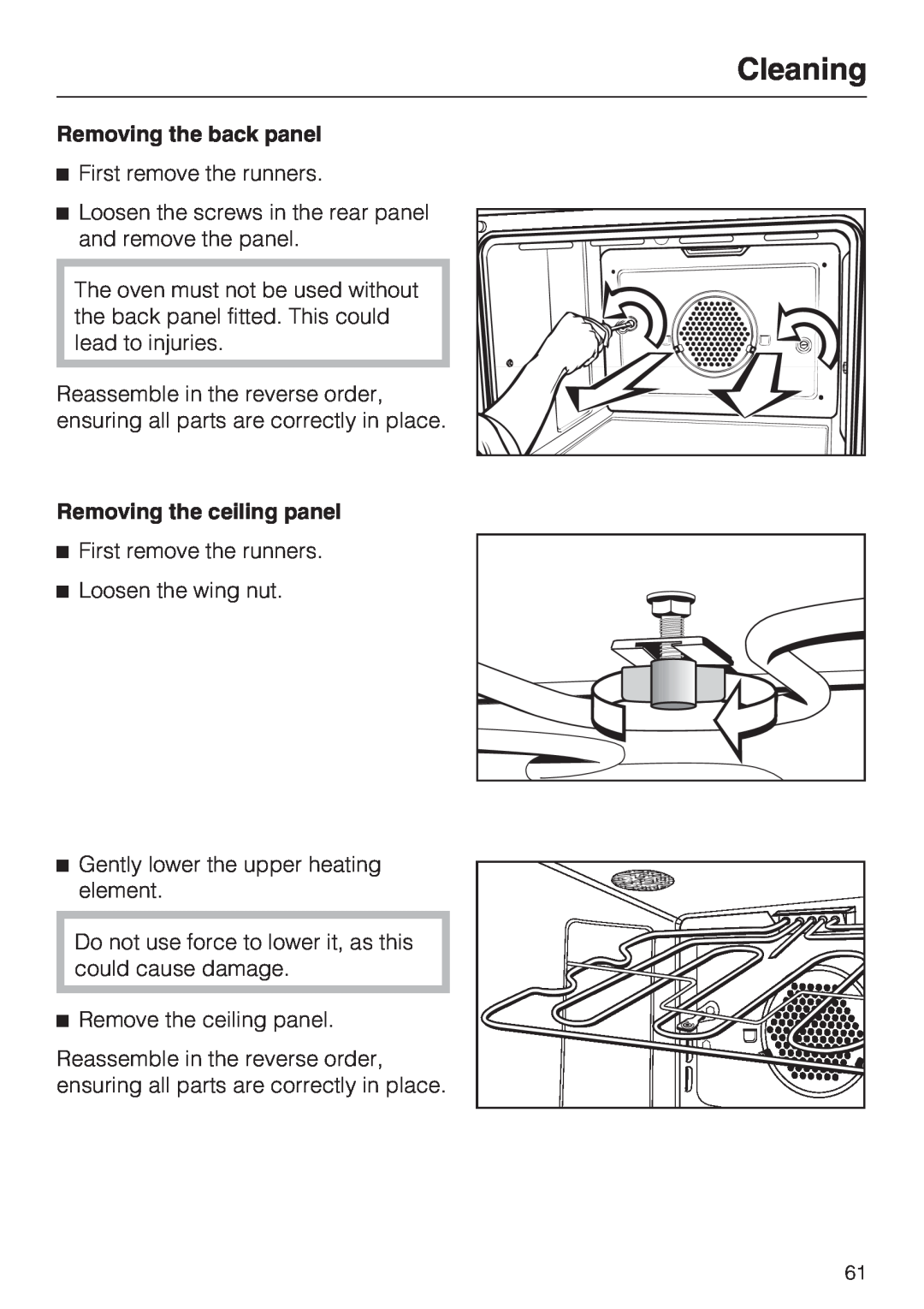 Miele H 4688 B, H4682B installation instructions Cleaning, Removing the back panel, Removing the ceiling panel 