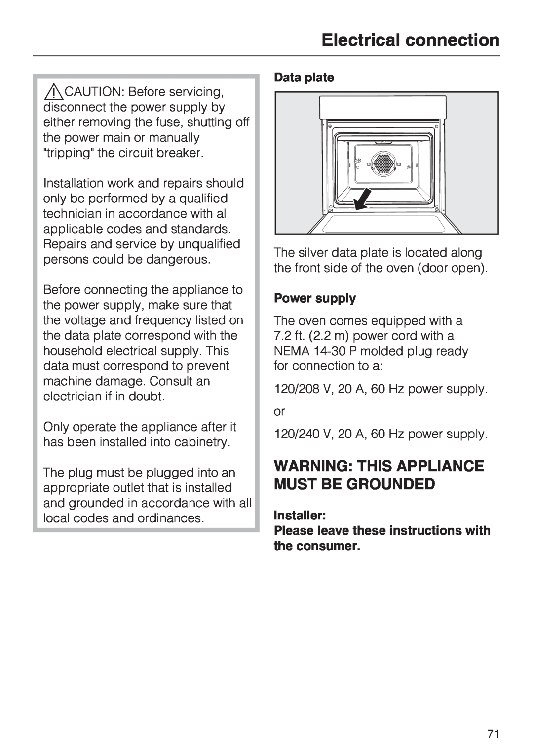 Miele H 4688 B, H4682B installation instructions Electrical connection, Warning This Appliance Must Be Grounded 
