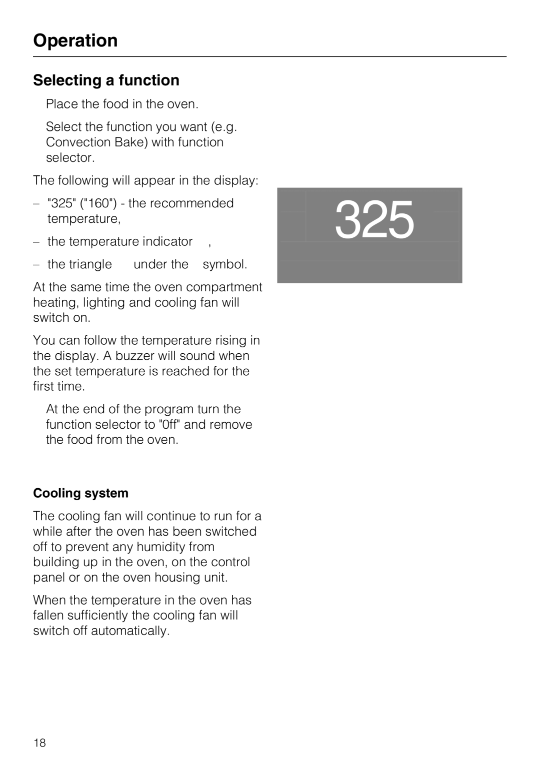 Miele H4742BP installation instructions Operation, Selecting a function, Cooling system 