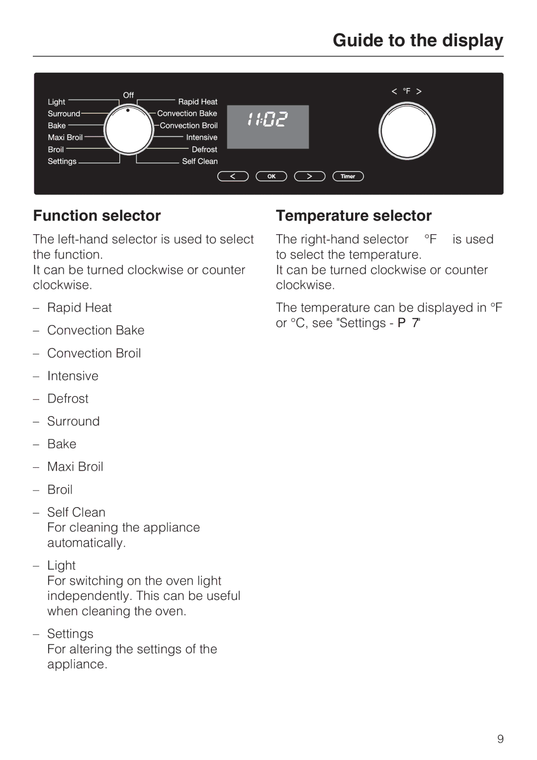 Miele H4742BP installation instructions Guide to the display, Function selector, Temperature selector 