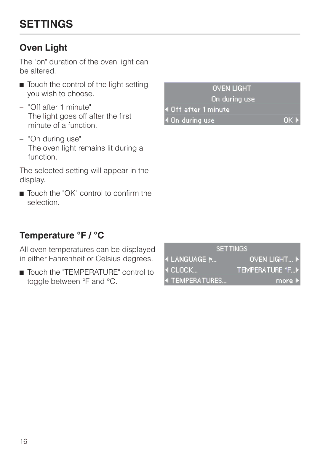 Miele H4780B installation instructions Oven Light, Temperature F / C 