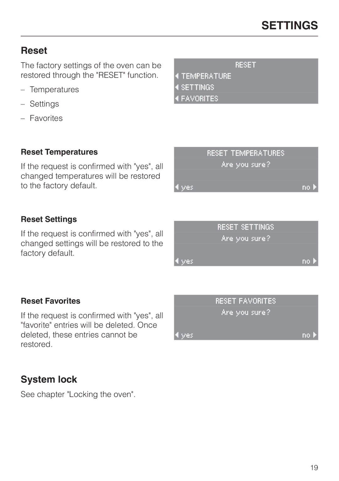 Miele H4780B installation instructions Reset Temperatures, Reset Settings, Reset Favorites 