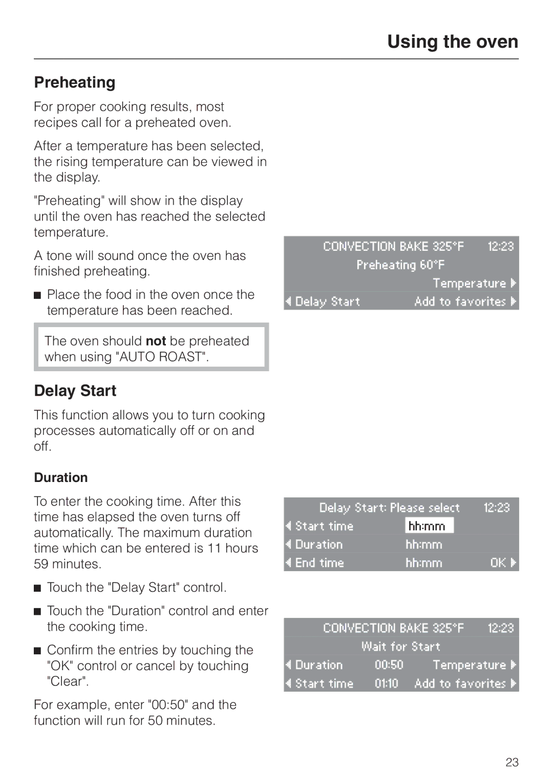 Miele H4780B installation instructions Preheating, Delay Start, Duration 