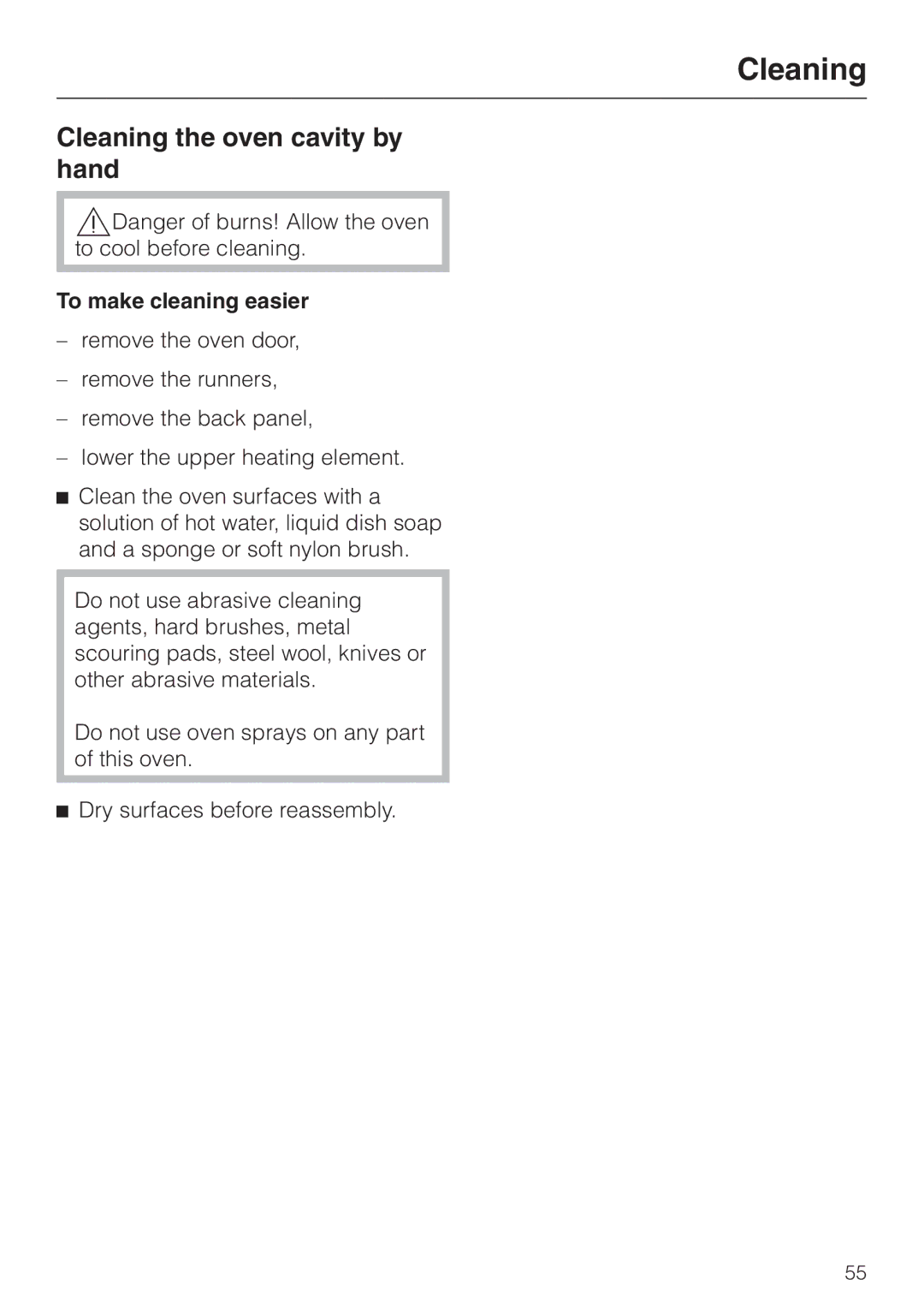 Miele H4780B installation instructions Cleaning the oven cavity by hand, To make cleaning easier 