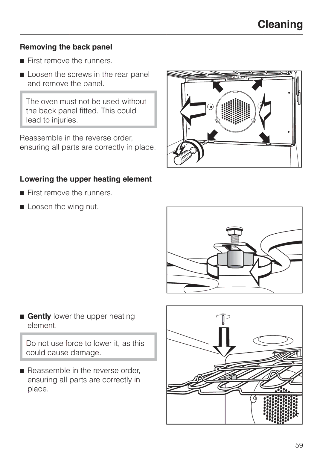 Miele H4780B installation instructions Removing the back panel, Lowering the upper heating element 