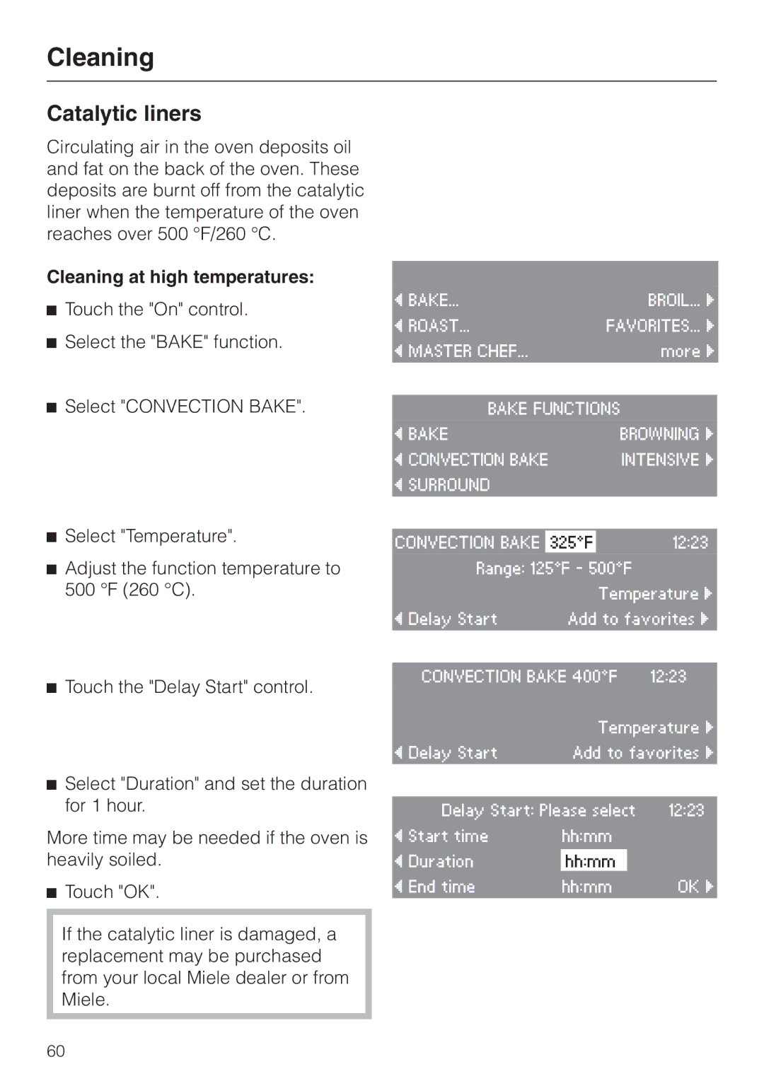 Miele H4780B installation instructions Catalytic liners, Cleaning at high temperatures 