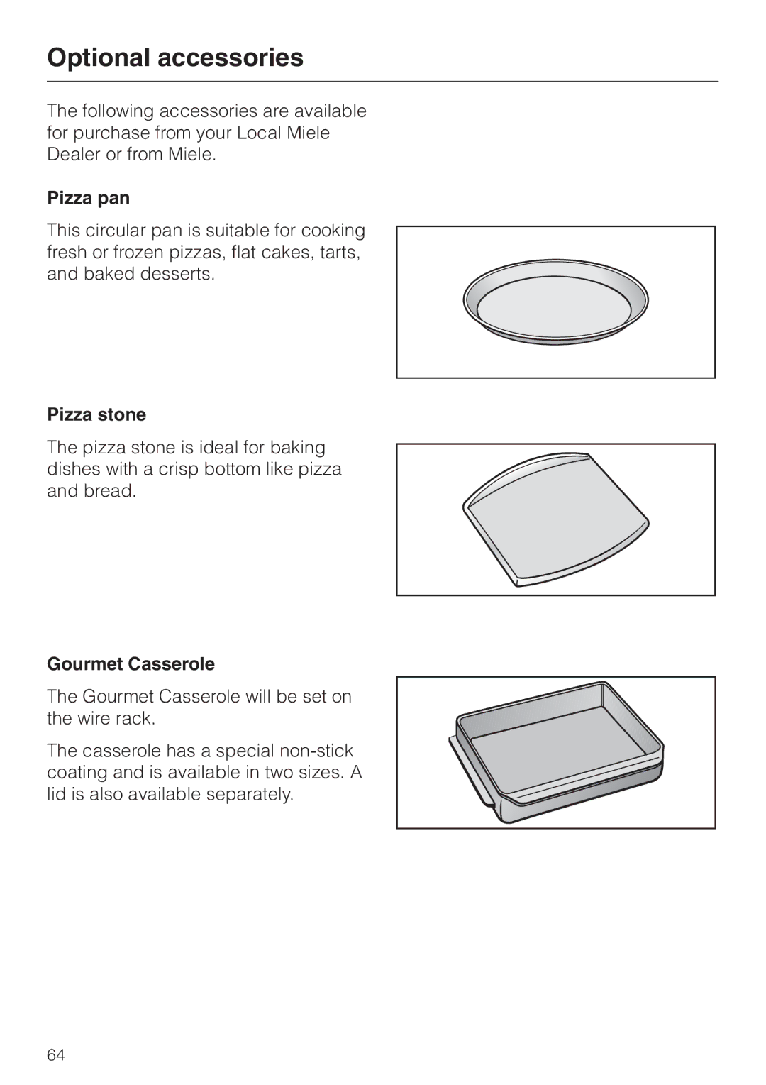 Miele H4780B installation instructions Optional accessories, Pizza pan, Pizza stone, Gourmet Casserole 