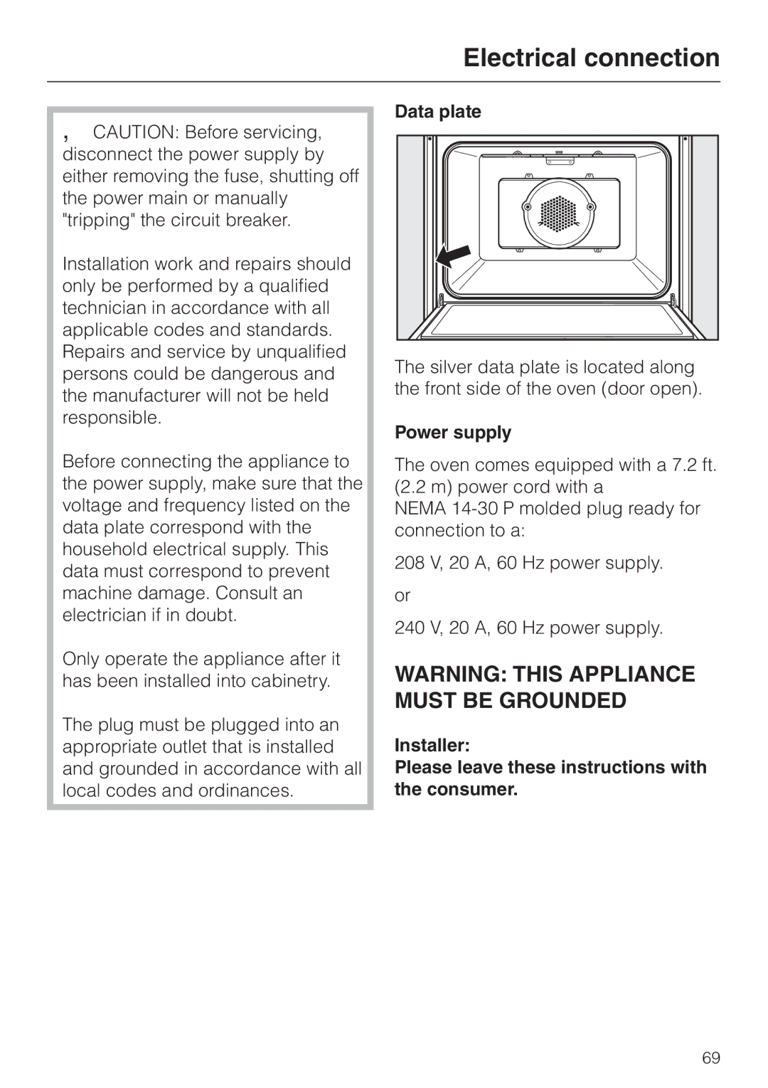 Miele H4780B Electrical connection, Data plate, Power supply, Installer Please leave these instructions with the consumer 