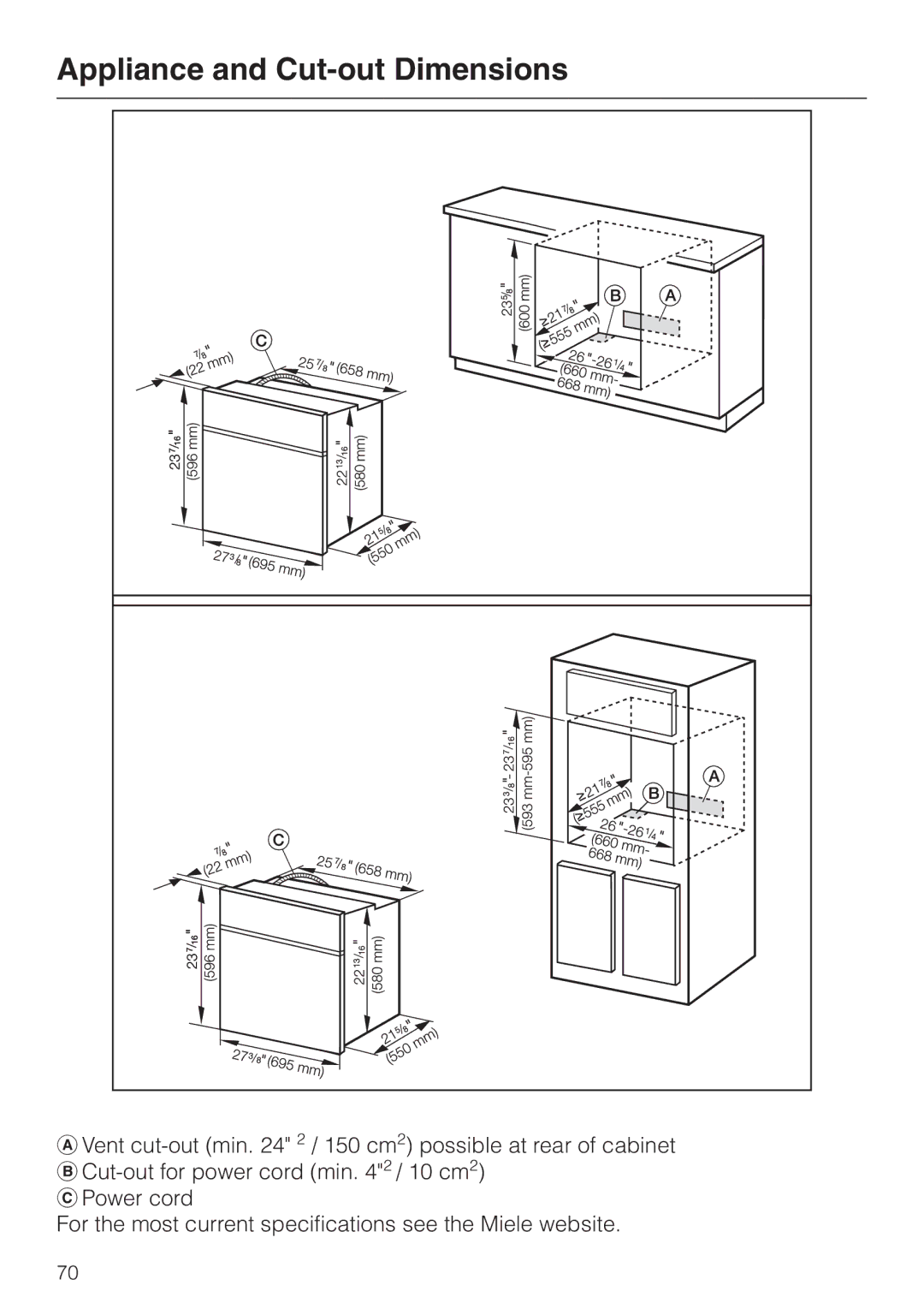 Miele H4780B installation instructions Appliance and Cut-out Dimensions 